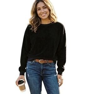 Brixton Sweater Womens Small Black Corduroy Crewneck Pullover Emo Goth Dark